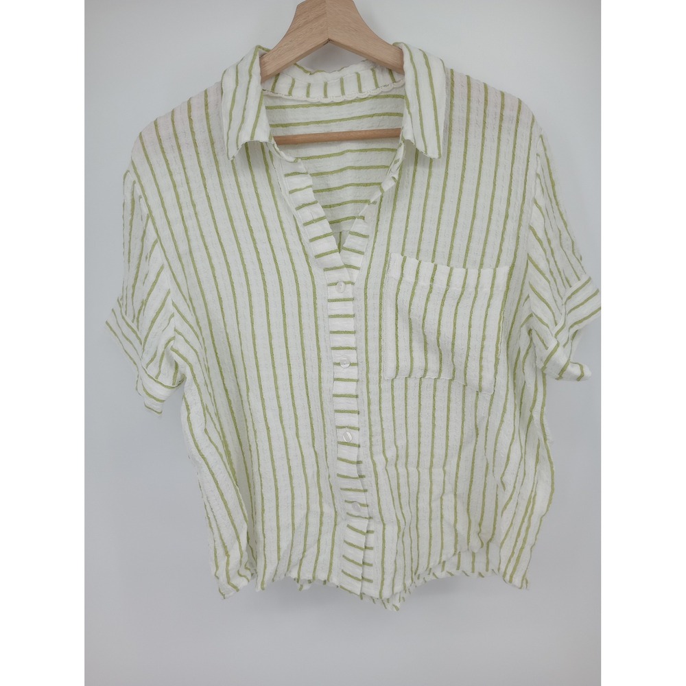 Unbranded Button Down Women Size L White Green Striped Short Sleeve Seersucker